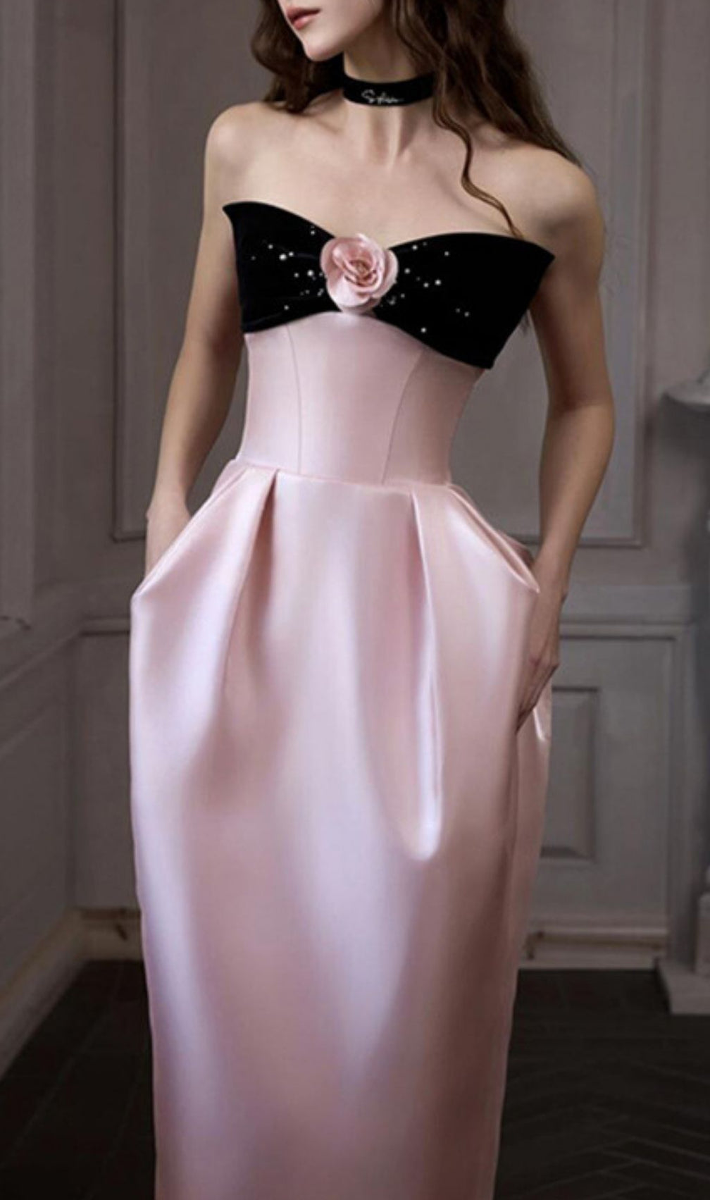 Karley Elegance: Blush Pink Strapless Maxi Gown with Black Bodice & 3D Rose