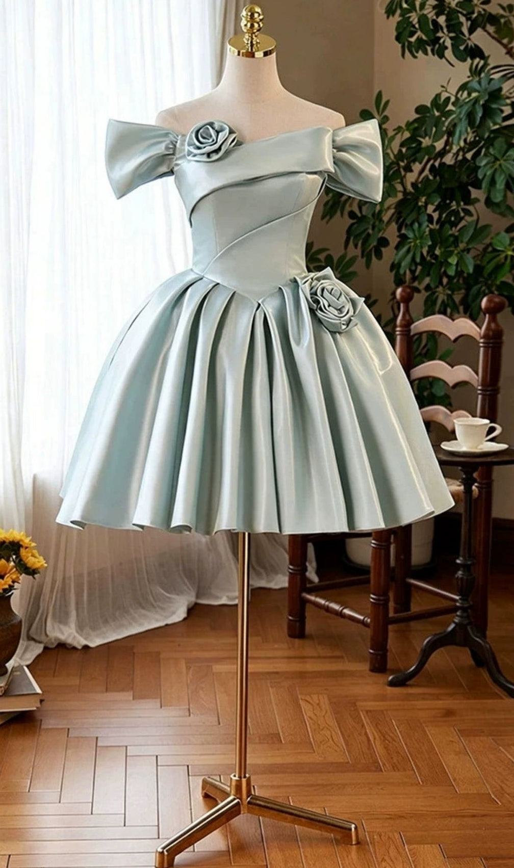 Krizia Flower Embellished Off-Shoulder Mini Dress