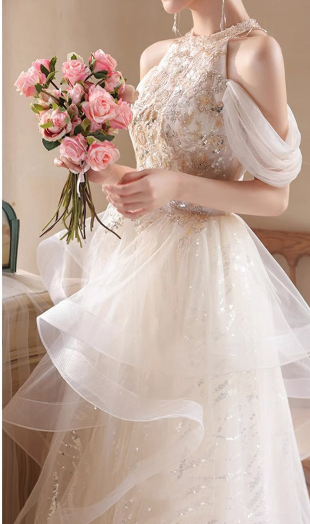 Chione Champagne Halter Sequin Mesh Maxi Dress