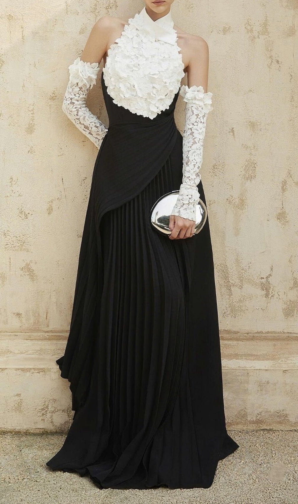 Kavi Elegant Black & White Halter Ruffle Pleated Maxi Dress