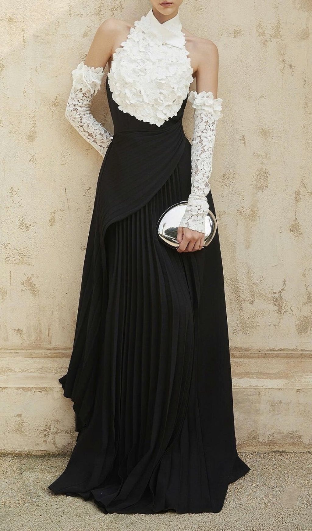 Kavi Elegant Black & White Halter Ruffle Pleated Maxi Dress