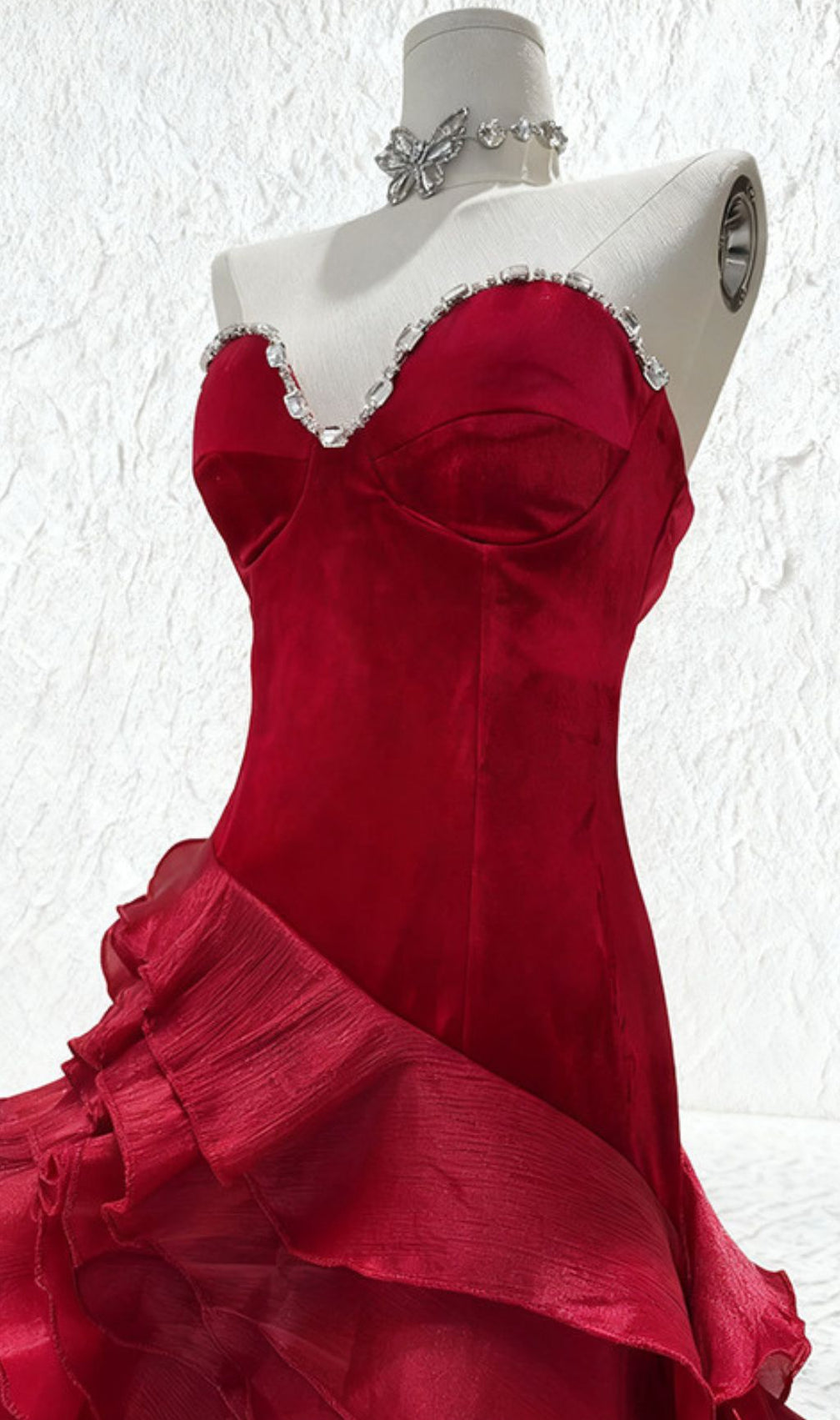 Hova Ruby Red Strapless Ruffle Maxi Gown - Dazzling Velvet & Chiffon