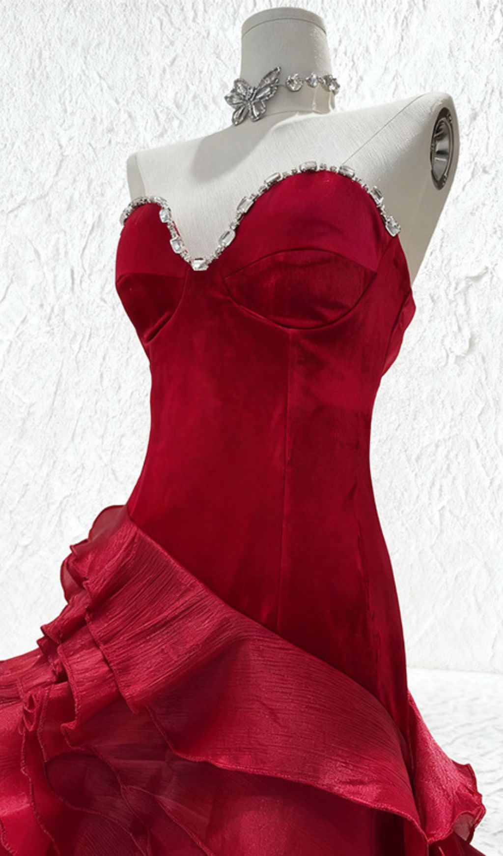 Hova Ruby Red Strapless Ruffle Maxi Gown - Dazzling Velvet & Chiffon