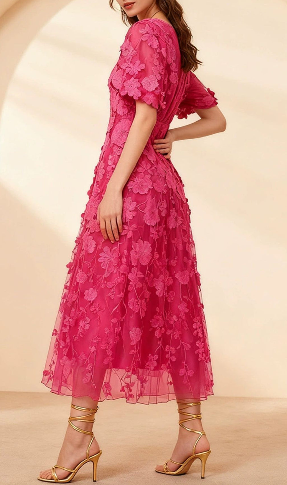 Enchanting Ilka Pink Floral Embroidered Midi Dress for Women