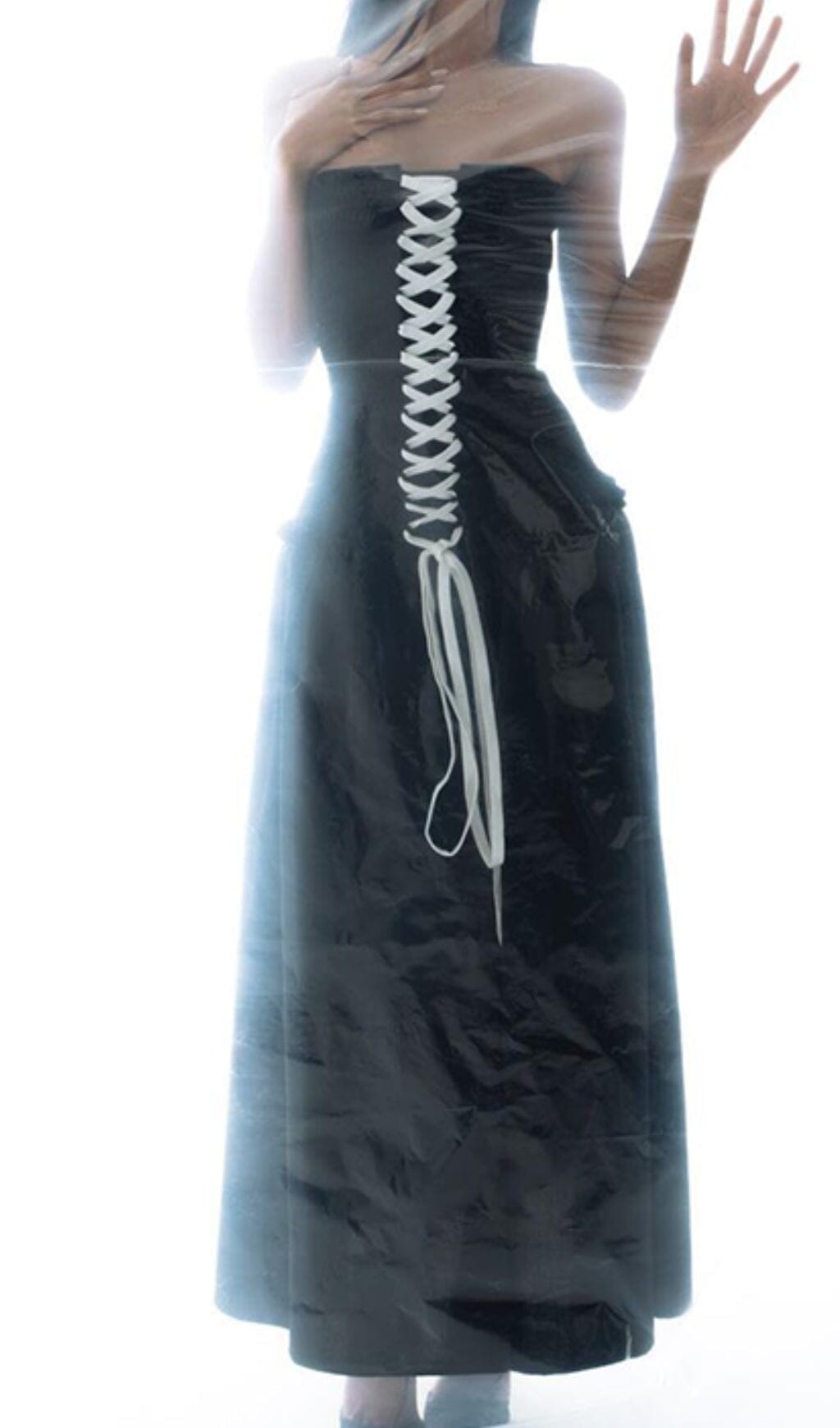 Front Lace Up Strapless Maxi Dress In Black