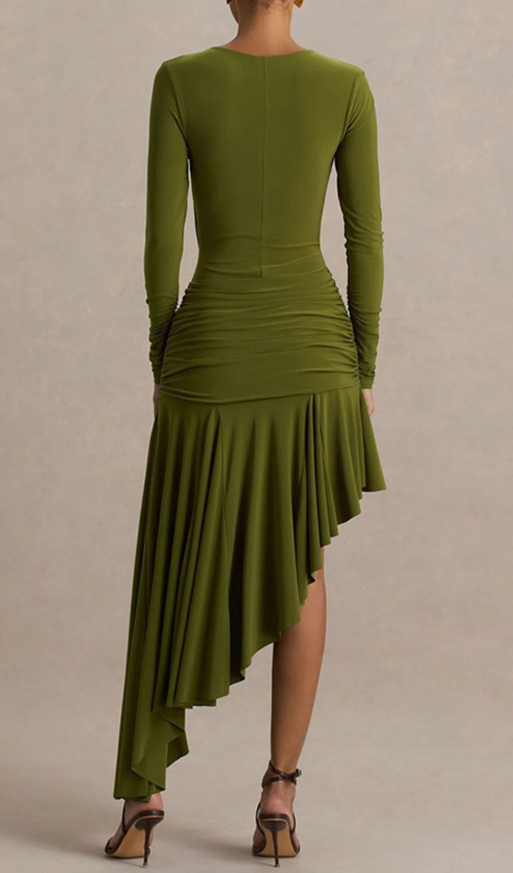 Nedelya Draped Long Sleeve Midi Dress – Elegant Olive Green Day-to-Night Style