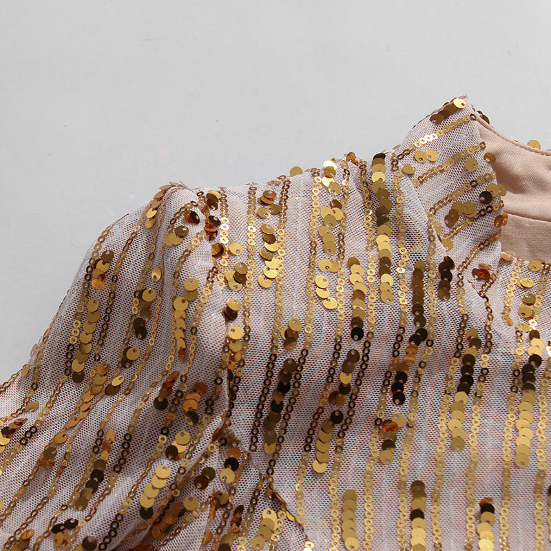 Keyah Gold Sequin Mock Neck Midi Dress - Dazzling Short Sleeve Party Gown