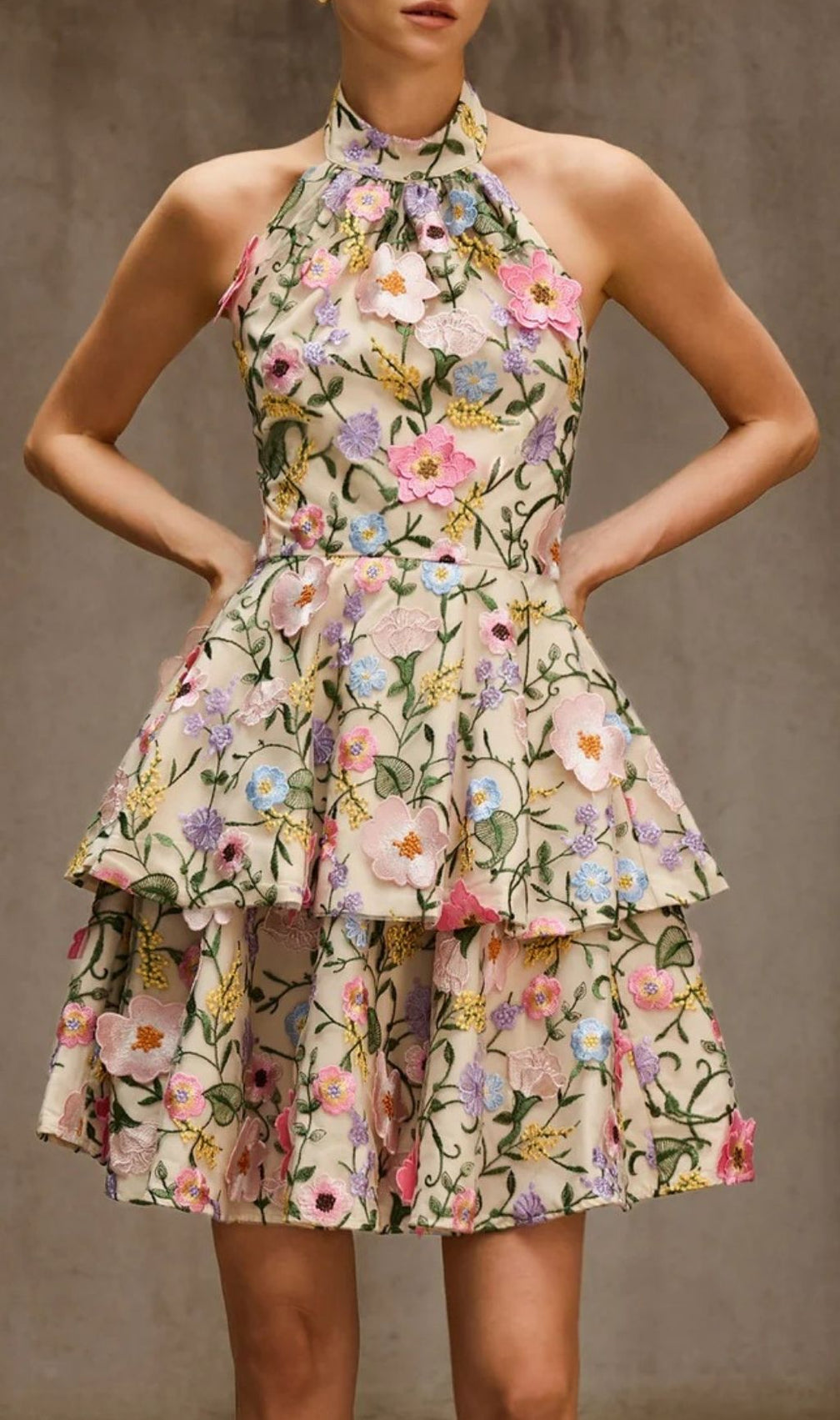 Dyllis Halterneck Floral Embroidered Mini Dress - Elegant Tiered Cocktail & Party Style