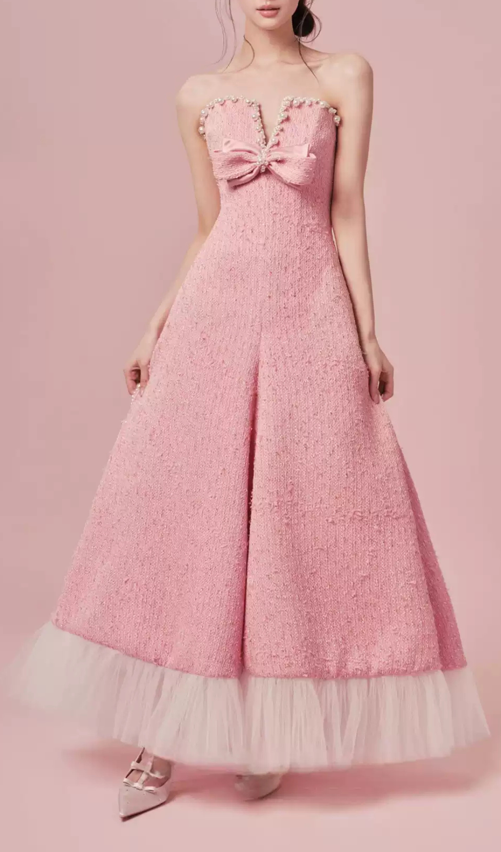 Gaphna Pink Beaded Bow Maxi Dress