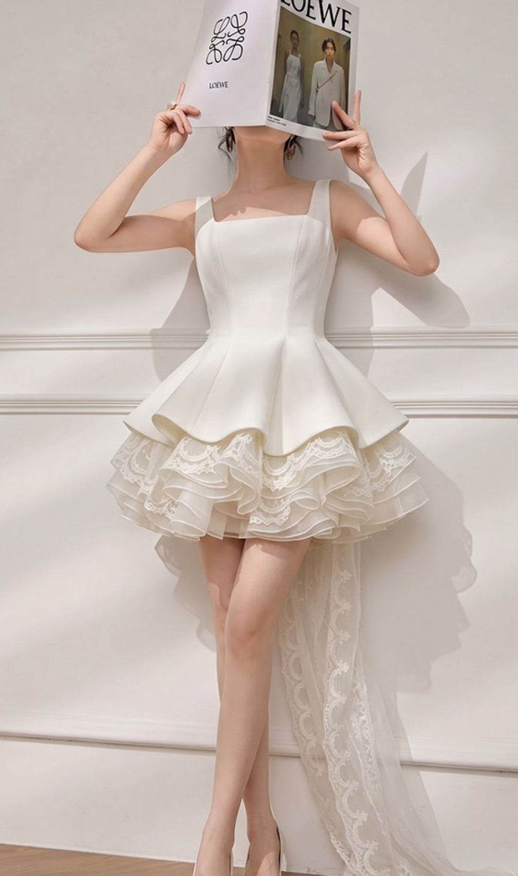 Kiki White Lace Bow Mini Dress | Tiered Ruffle Skirt, Elegant Train | Bridal & Cocktail Party