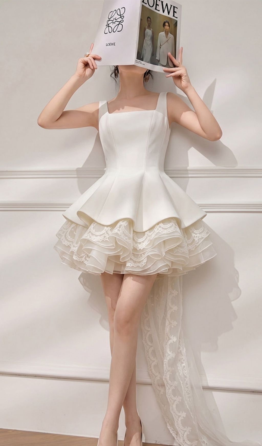 Kiki White Lace Bow Mini Dress | Tiered Ruffle Skirt, Elegant Train | Bridal & Cocktail Party
