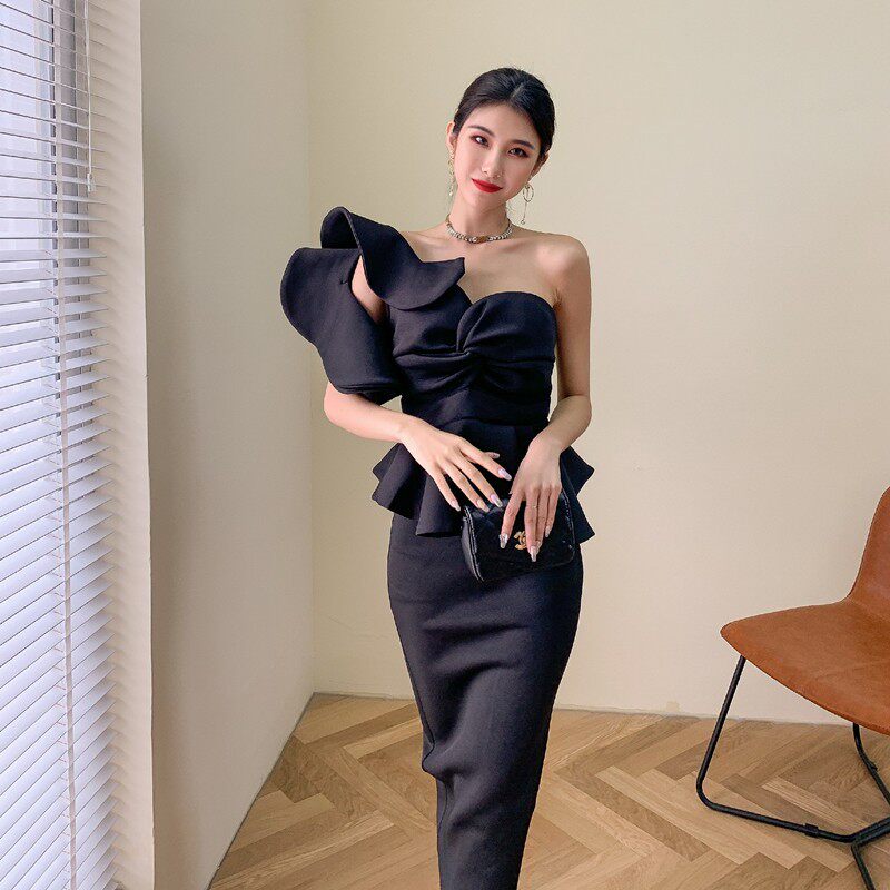 Elegant Strapless Ruffle Backless Maxi Dress Set with Peplum - Glamorous Evening Gown