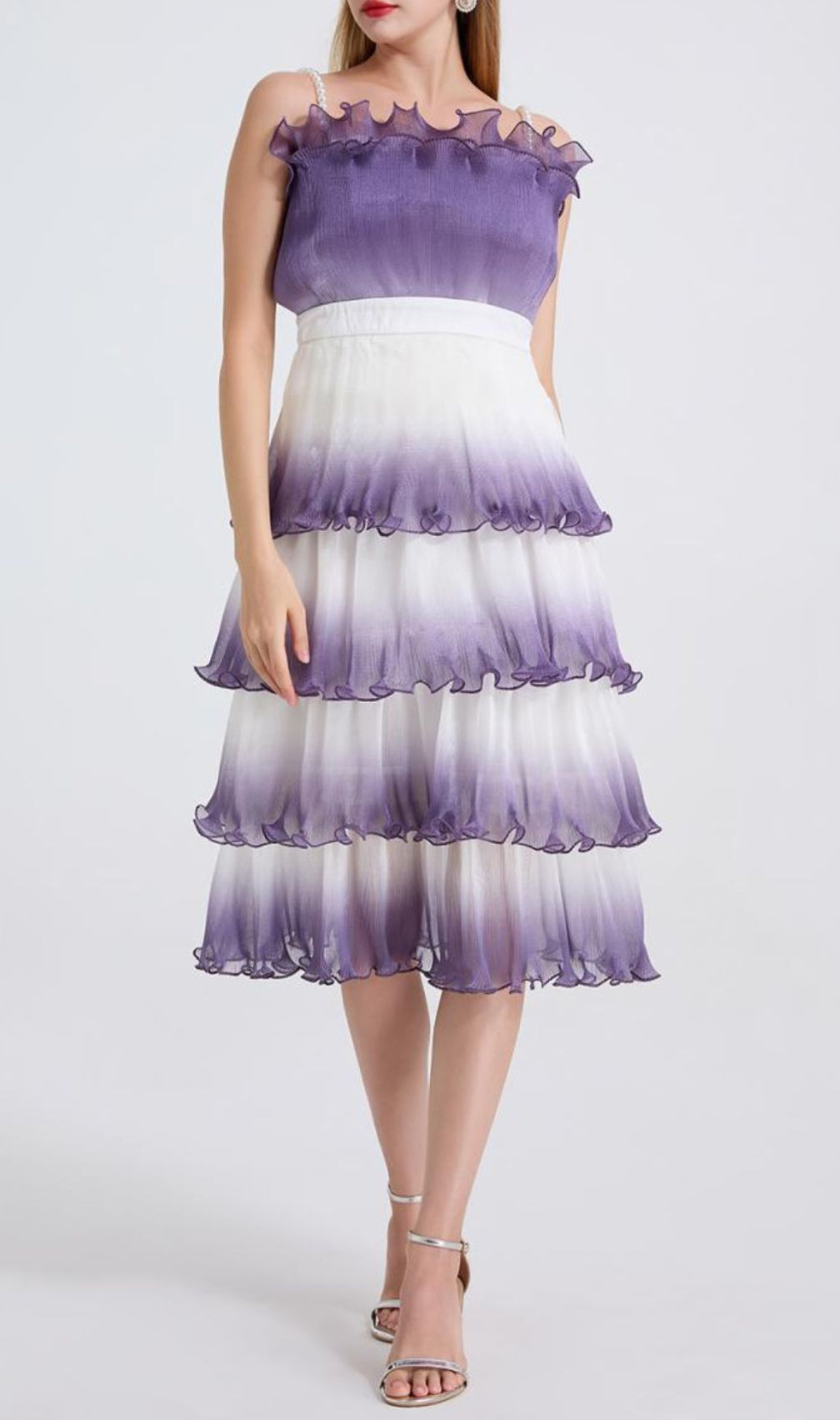 Fiene Purple Strappy Cake Midi Dress