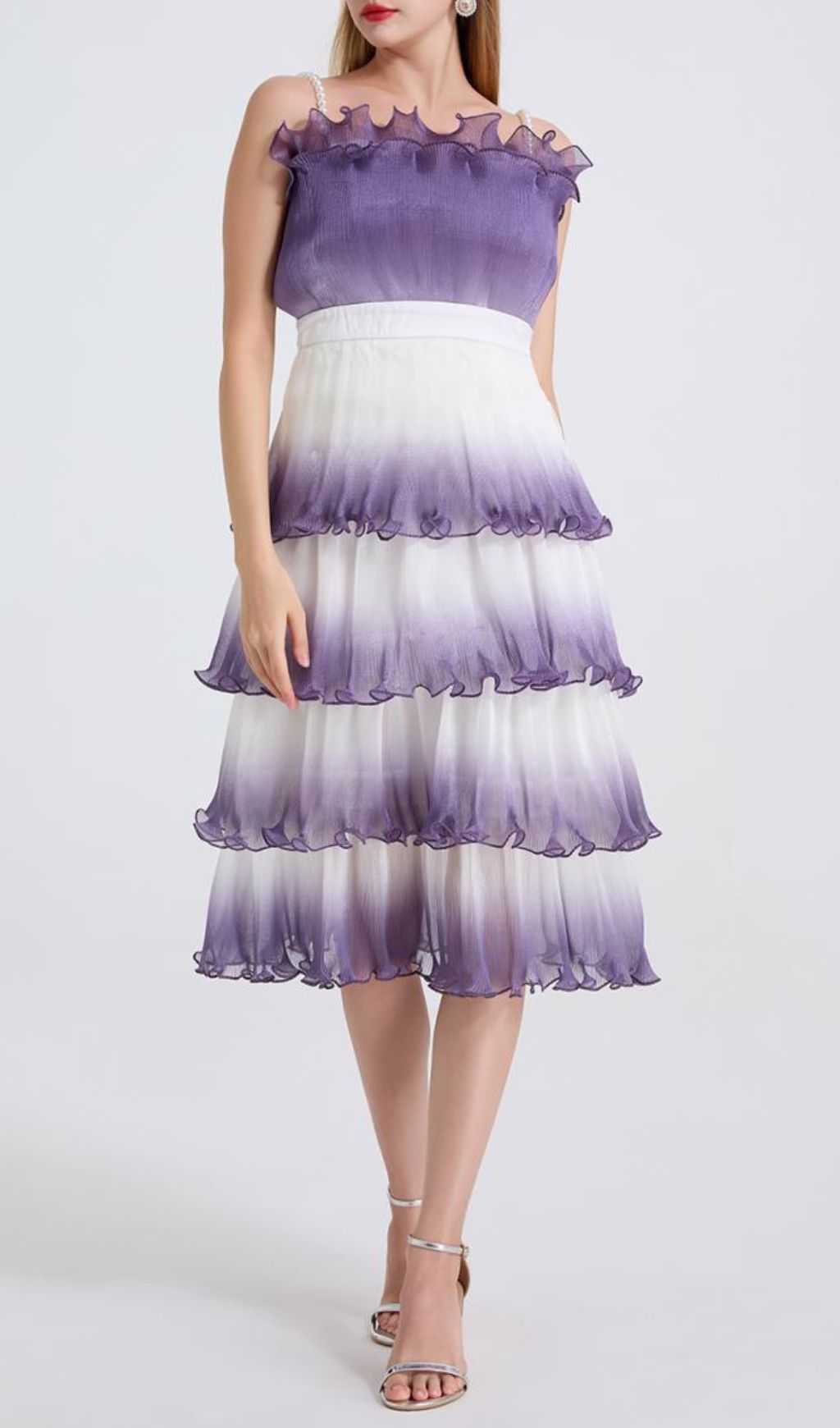 Fiene Purple Strappy Cake Midi Dress