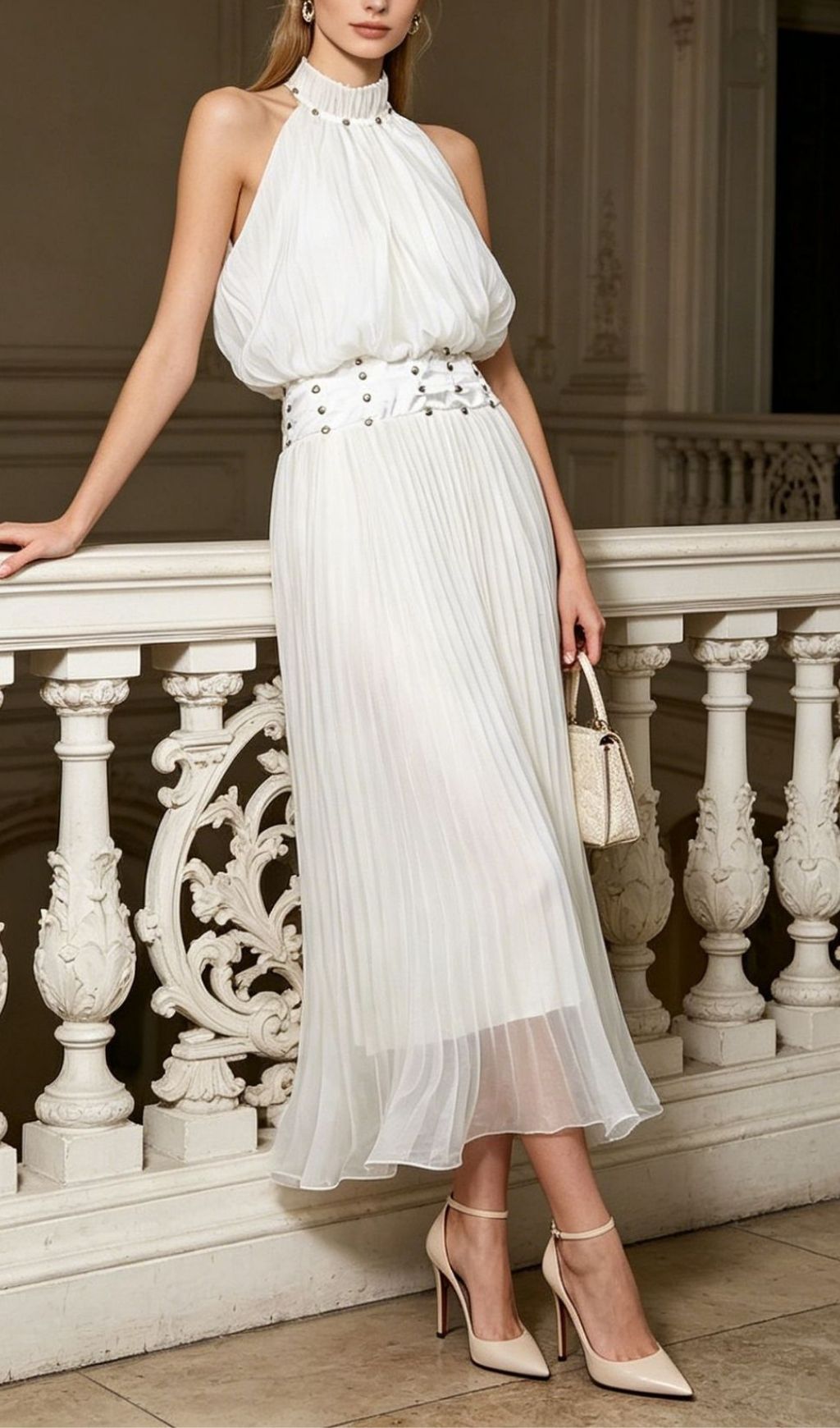 Brithoran Elegant Studded Halter Pleated Maxi Dress