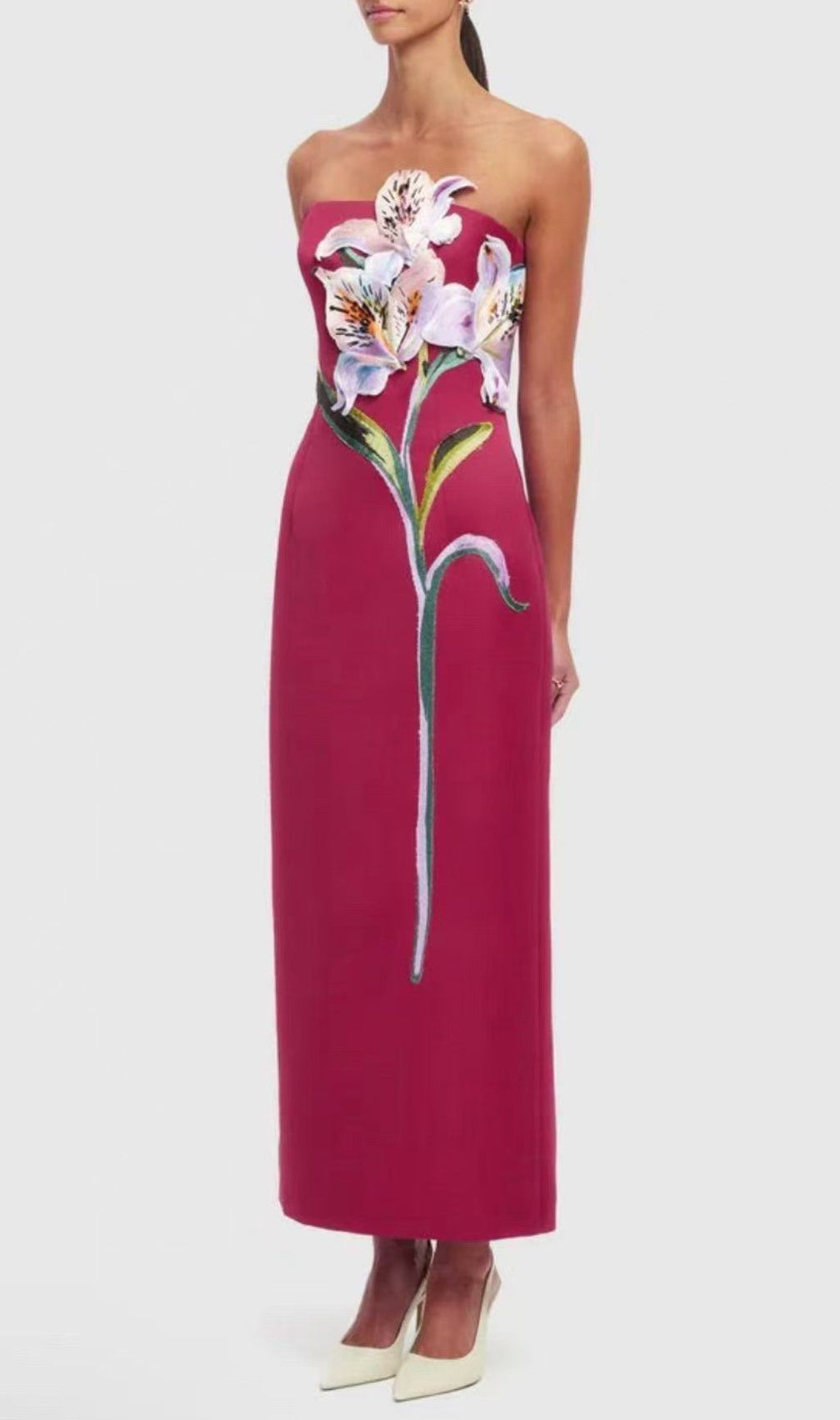 Jeneve Strapless 3D Floral Midi Dress | Elegant Magenta Statement Gown