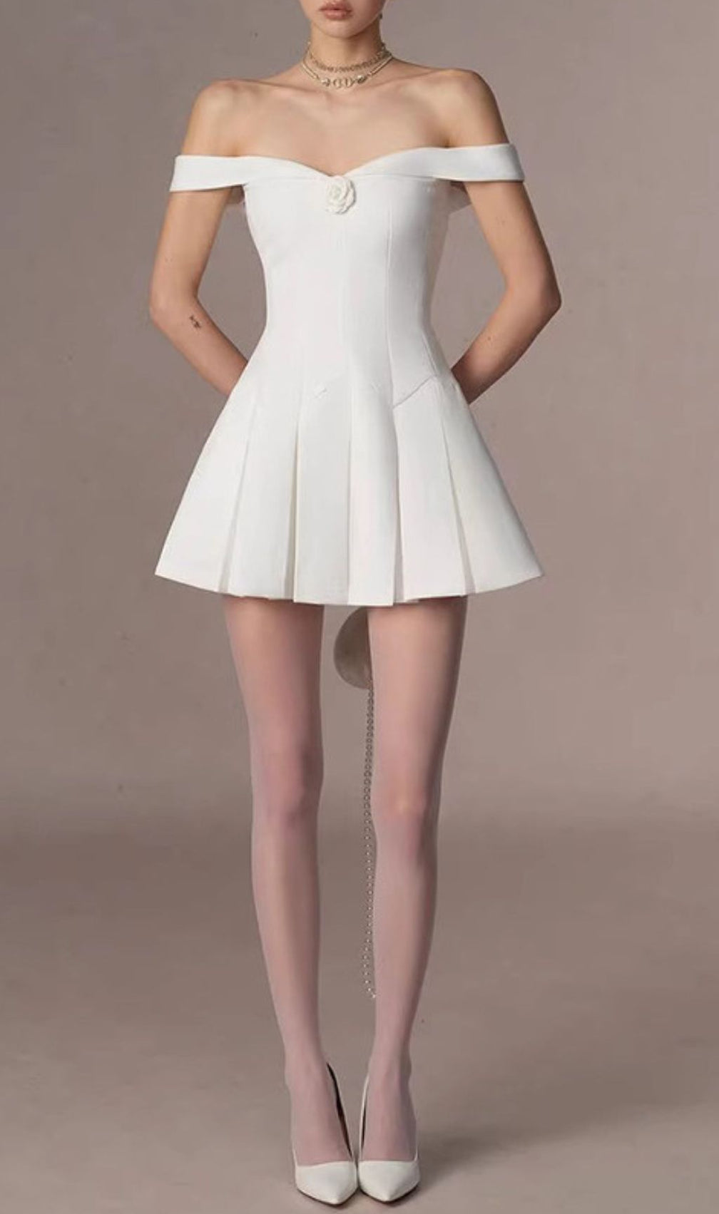 Gertie White Off-Shoulder Flower Mini Dress