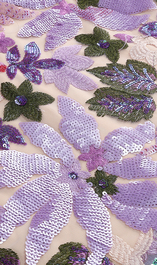 Kendra Dazzling Purple Sequin Floral Two-Piece Set | Glamorous Crop Top & Mini Skirt