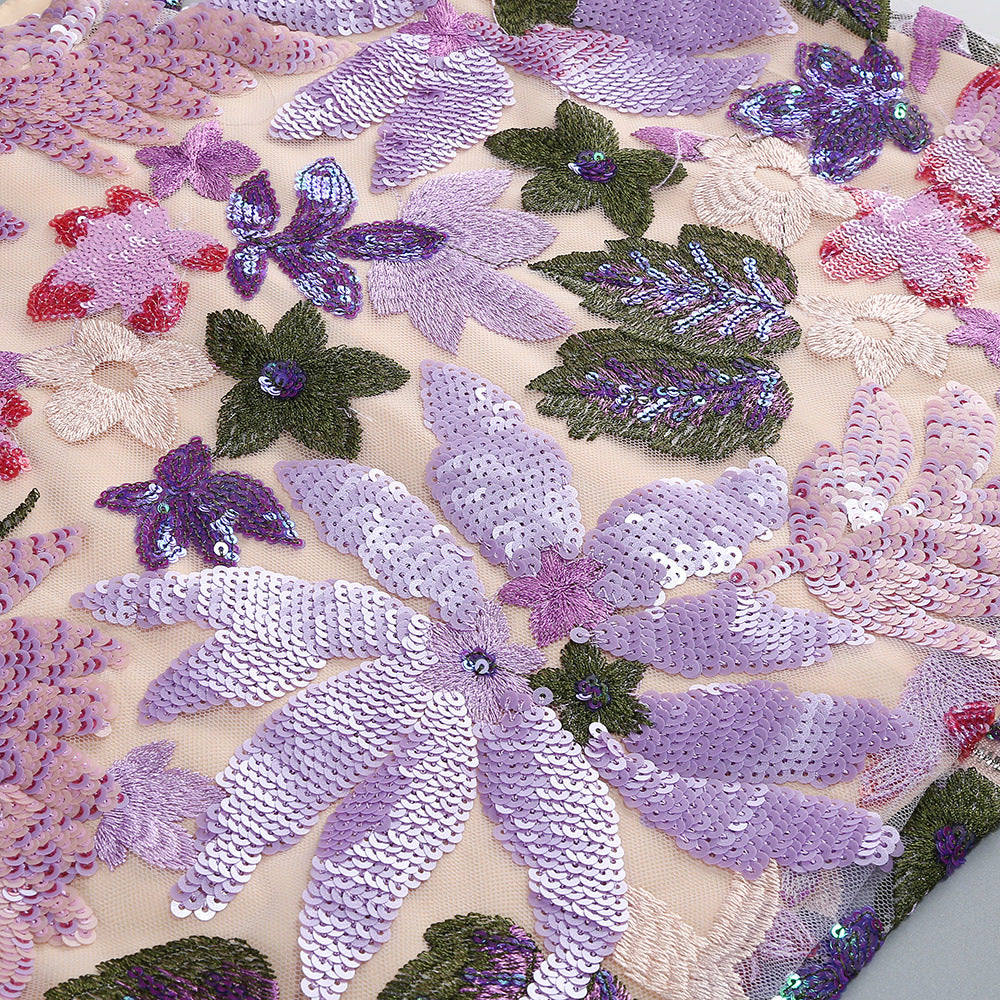 Kendra Dazzling Purple Sequin Floral Two-Piece Set | Glamorous Crop Top & Mini Skirt