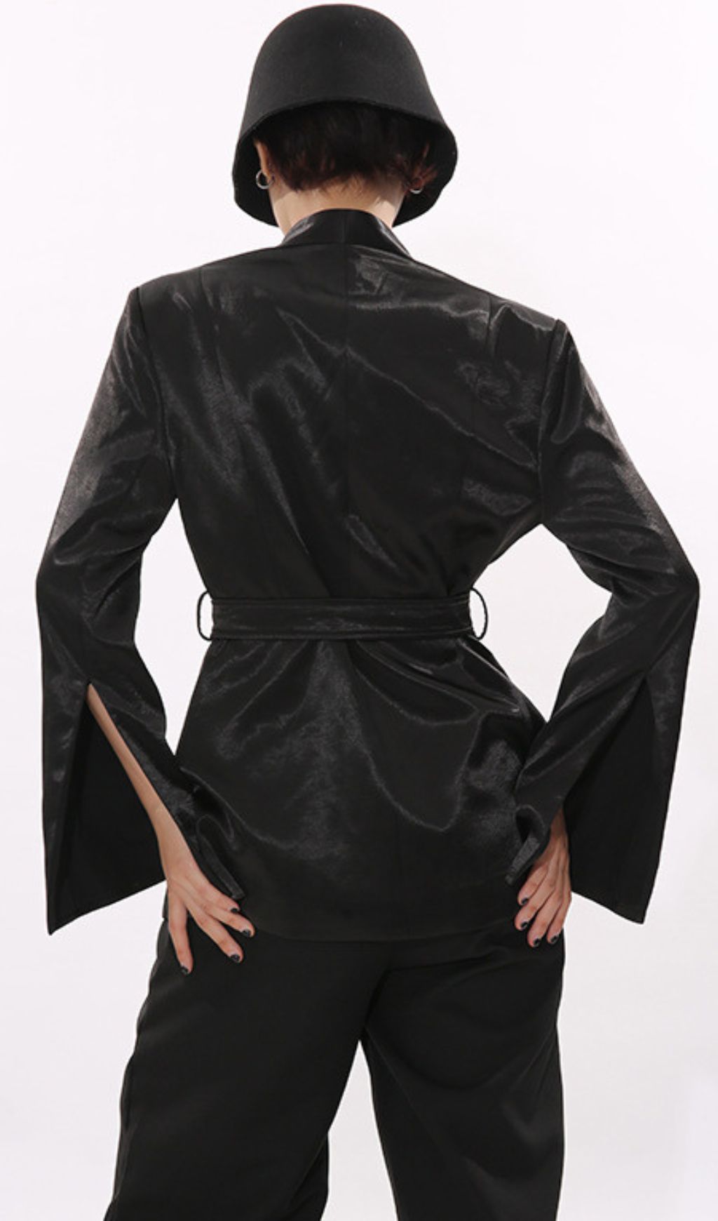 Power Chic: Indigo Black Belted Blazer for Women | Tailored Kimono Jacket with Statement Buckle