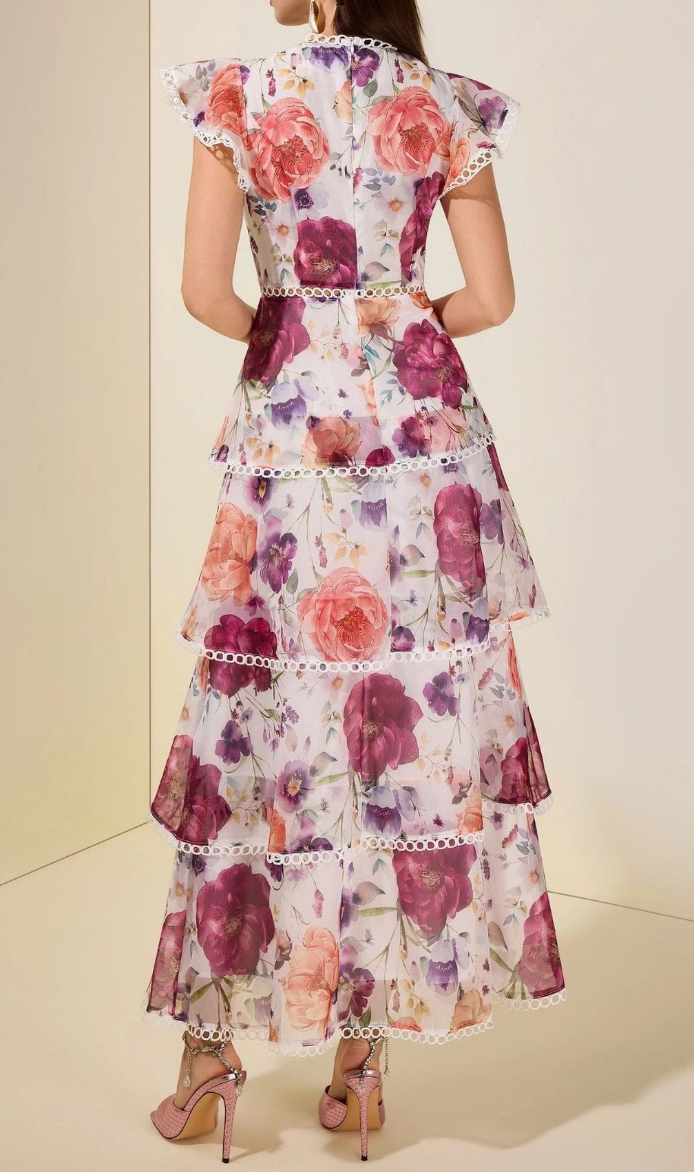 Zenobia Floral Lace Ruffle Maxi Dress - White