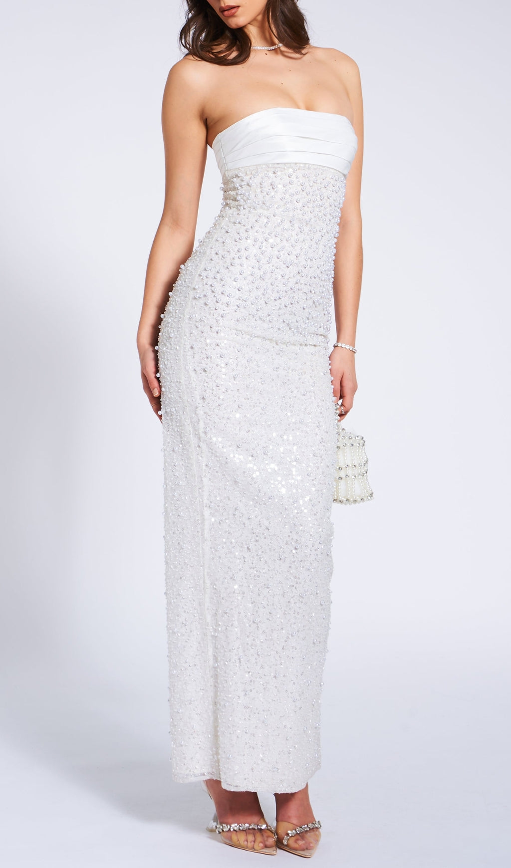 Alazne White Sequin Pearl Maxi Dress