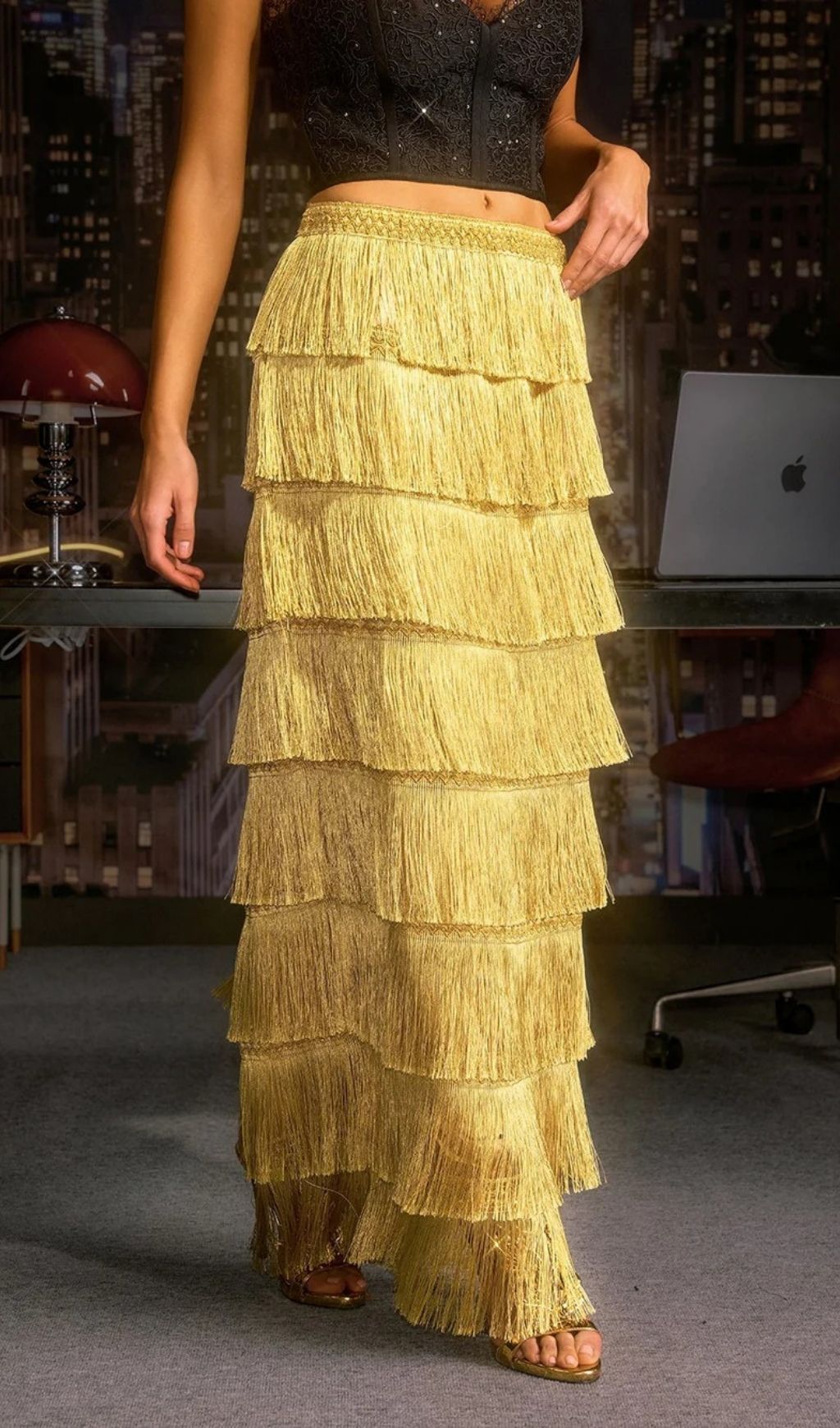 Norylin Gold Fringe Tiered Maxi Skirt - Effortless Glamour & Style for Women