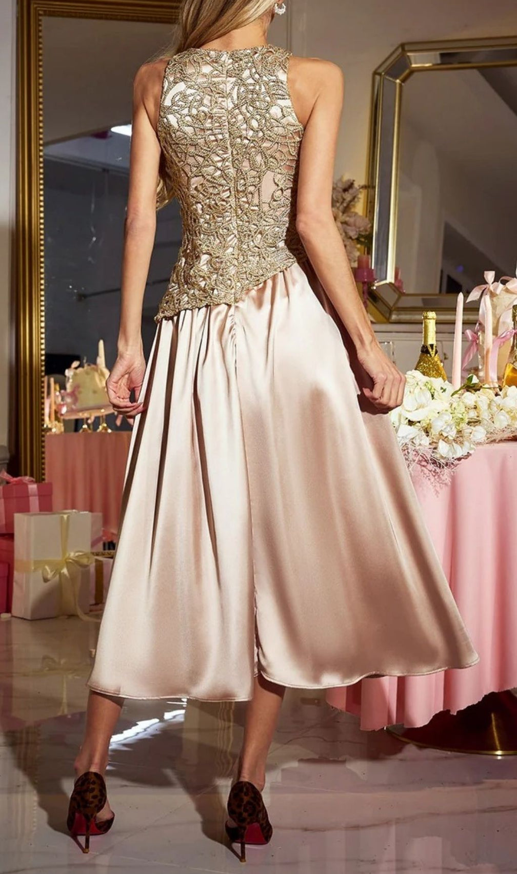 Xorvin Golden Lace Bodice & Champagne Satin Midi Dress - Elegant Sleeveless Cocktail & Party Gown