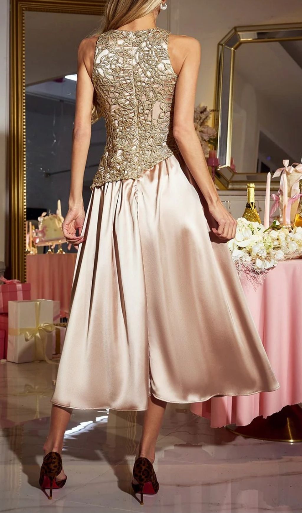 Xorvin Golden Lace Bodice & Champagne Satin Midi Dress - Elegant Sleeveless Cocktail & Party Gown
