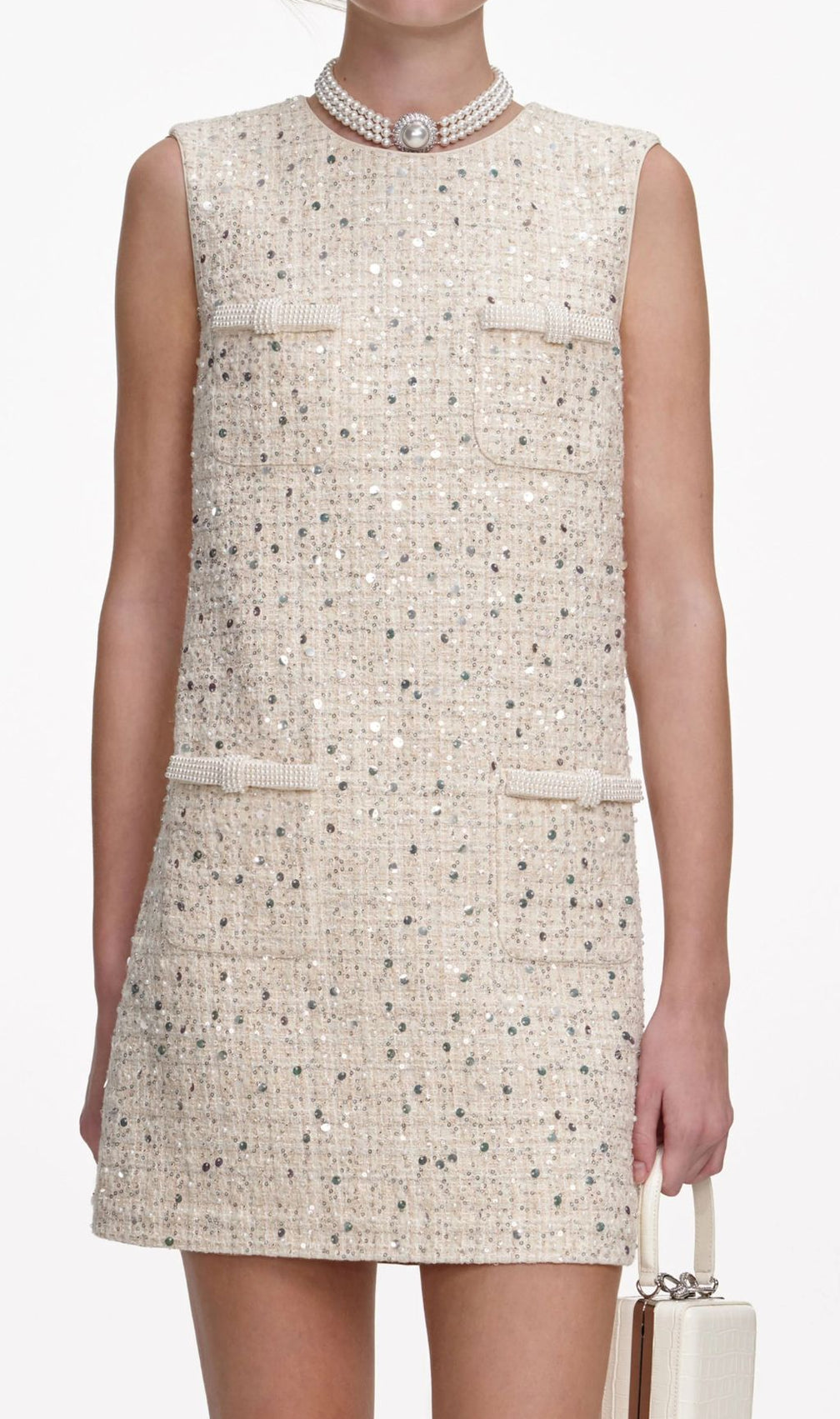 Janessa Sparkle Tweed Mini Dress with Pearl Trim