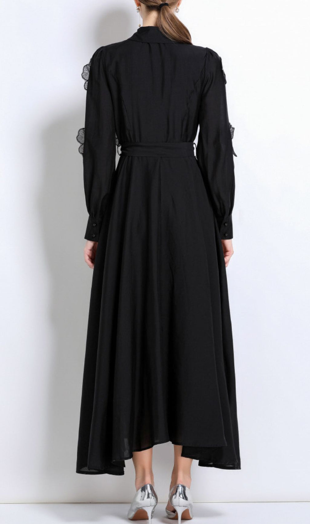 Holly Black Flower Long Sleeve Midi Dress