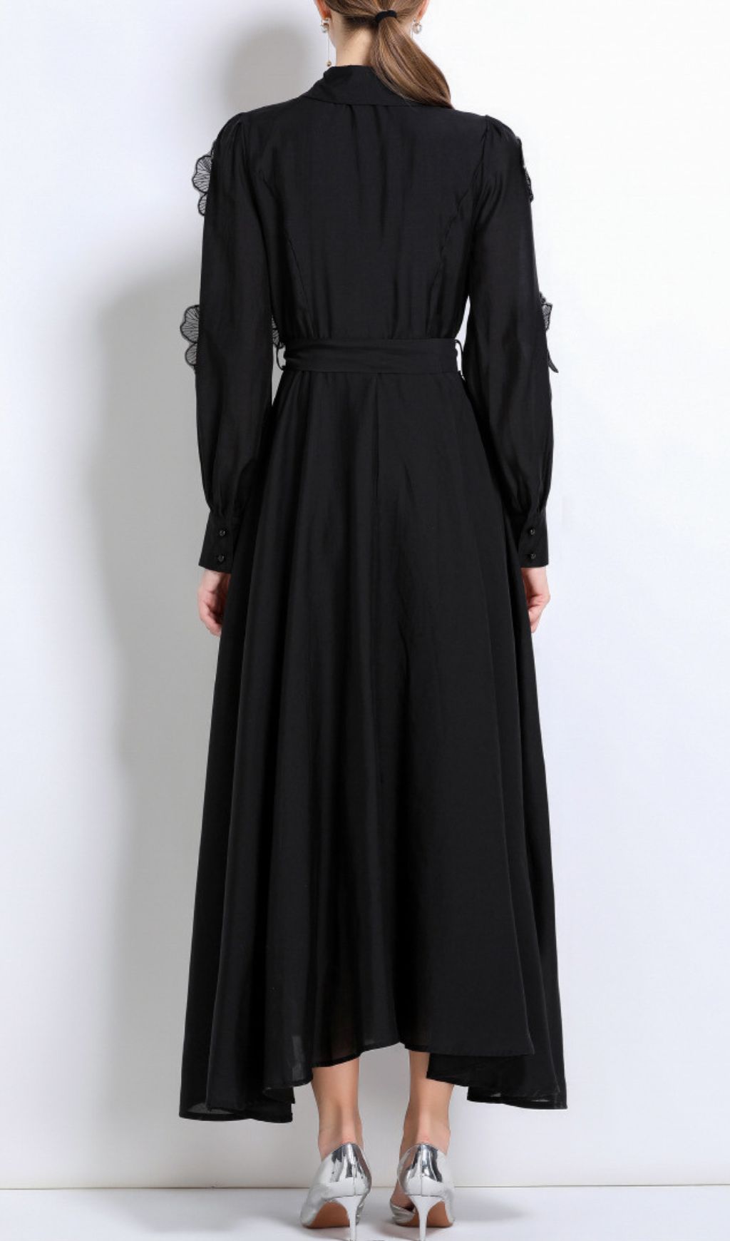 Holly Black Flower Long Sleeve Midi Dress