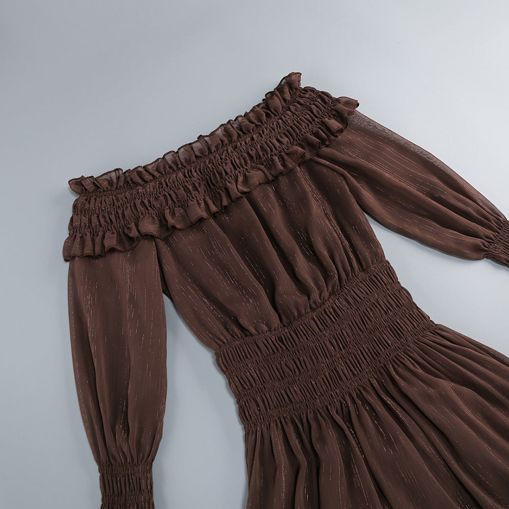Tiffany Brown Off-shoulder Maxi Dress with Ruched Trim