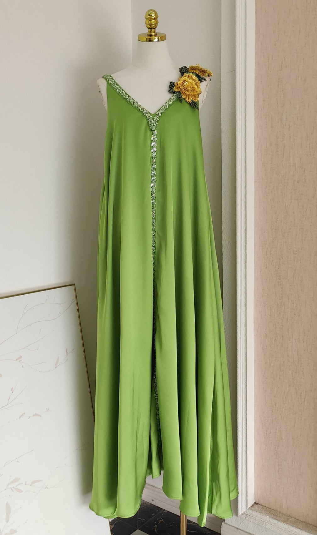 Inge Radiant Yellow Halter Maxi Dress with 3D Floral Appliques - Chic Flowy Gown