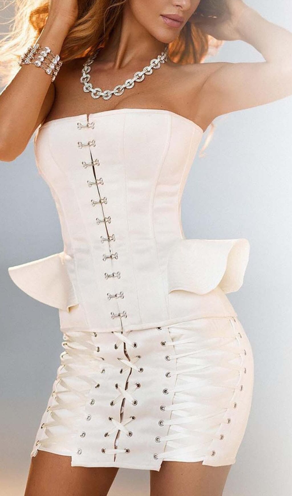 Lace-Up Off Shoulder Mini Dress In White