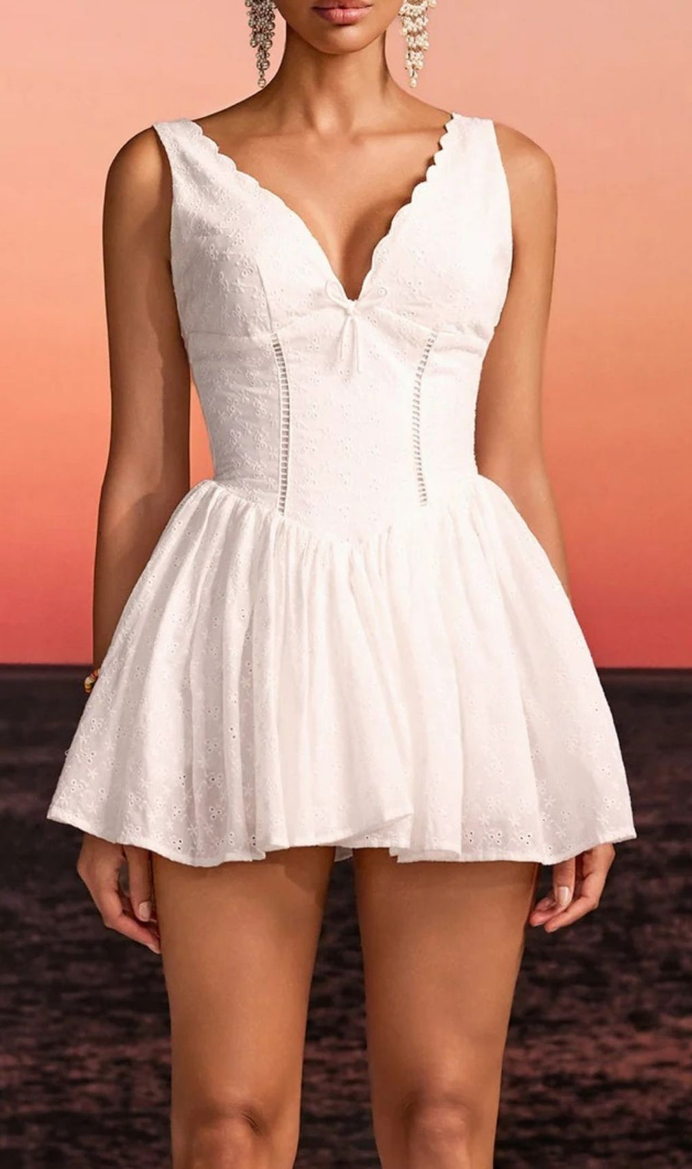 Firoth Elegant White Eyelet Mini Dress - Scalloped V-Neck Summer Glam
