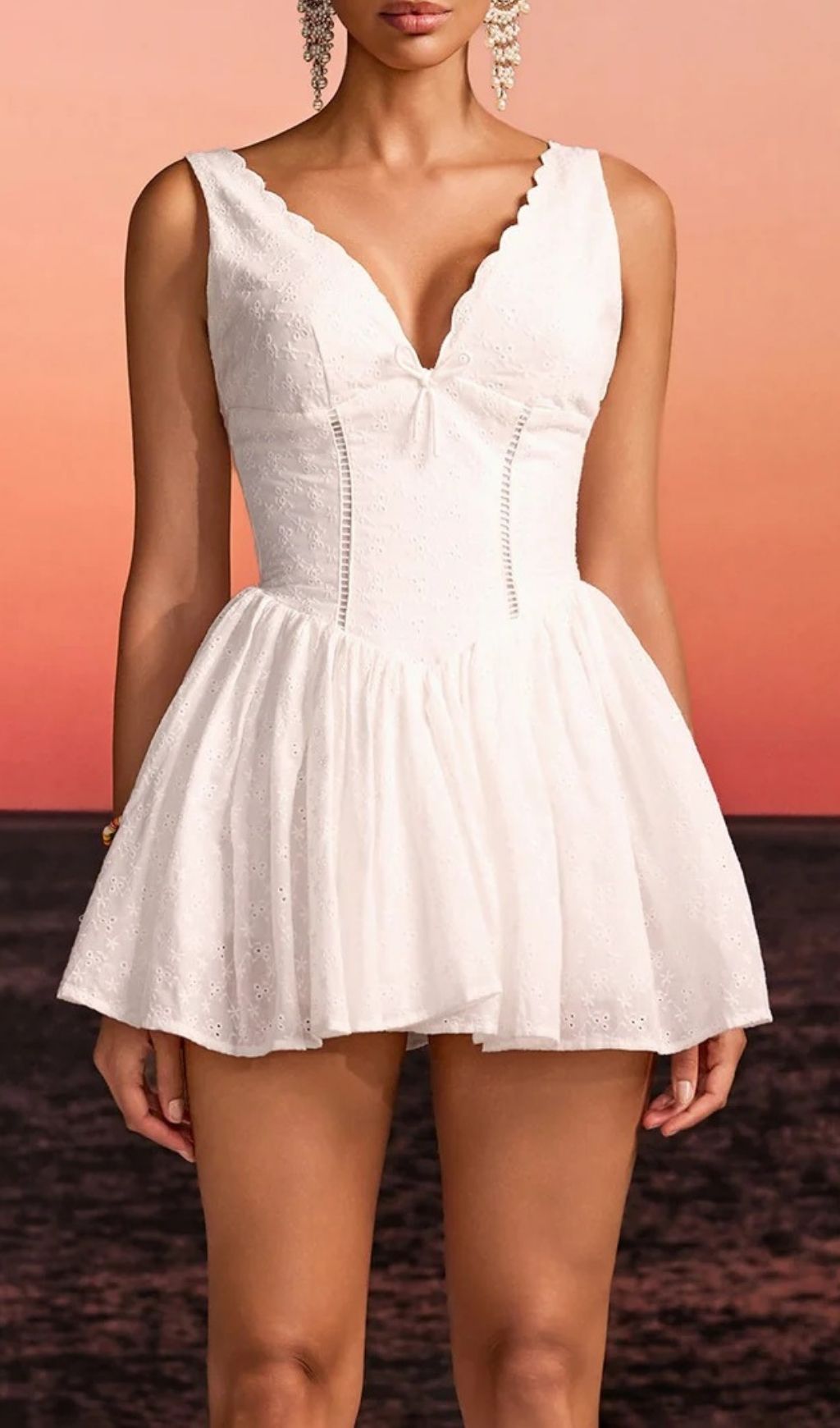Firoth Elegant White Eyelet Mini Dress - Scalloped V-Neck Summer Glam