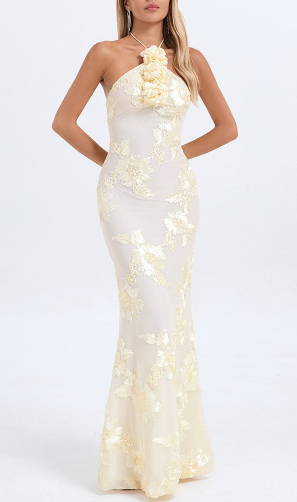 Bambi Ivory Halter Flower Maxi Dress