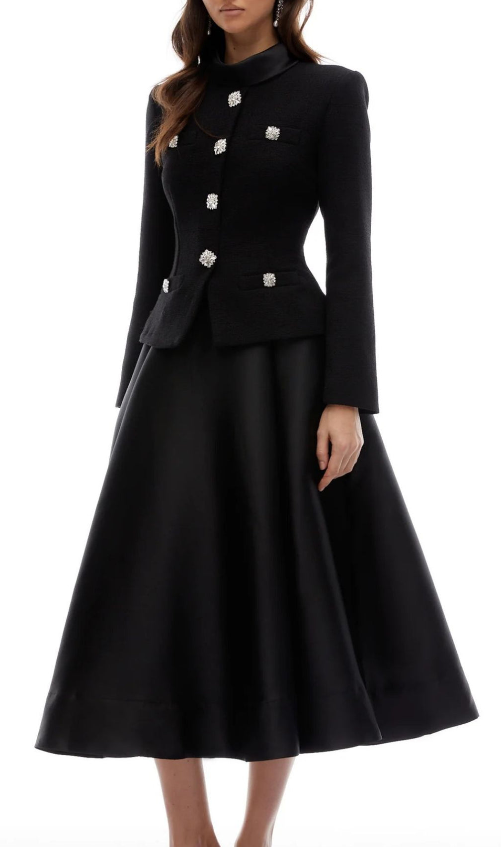 Jayna Embellished Black Peplum Midi Dress - Elegant Long Sleeve