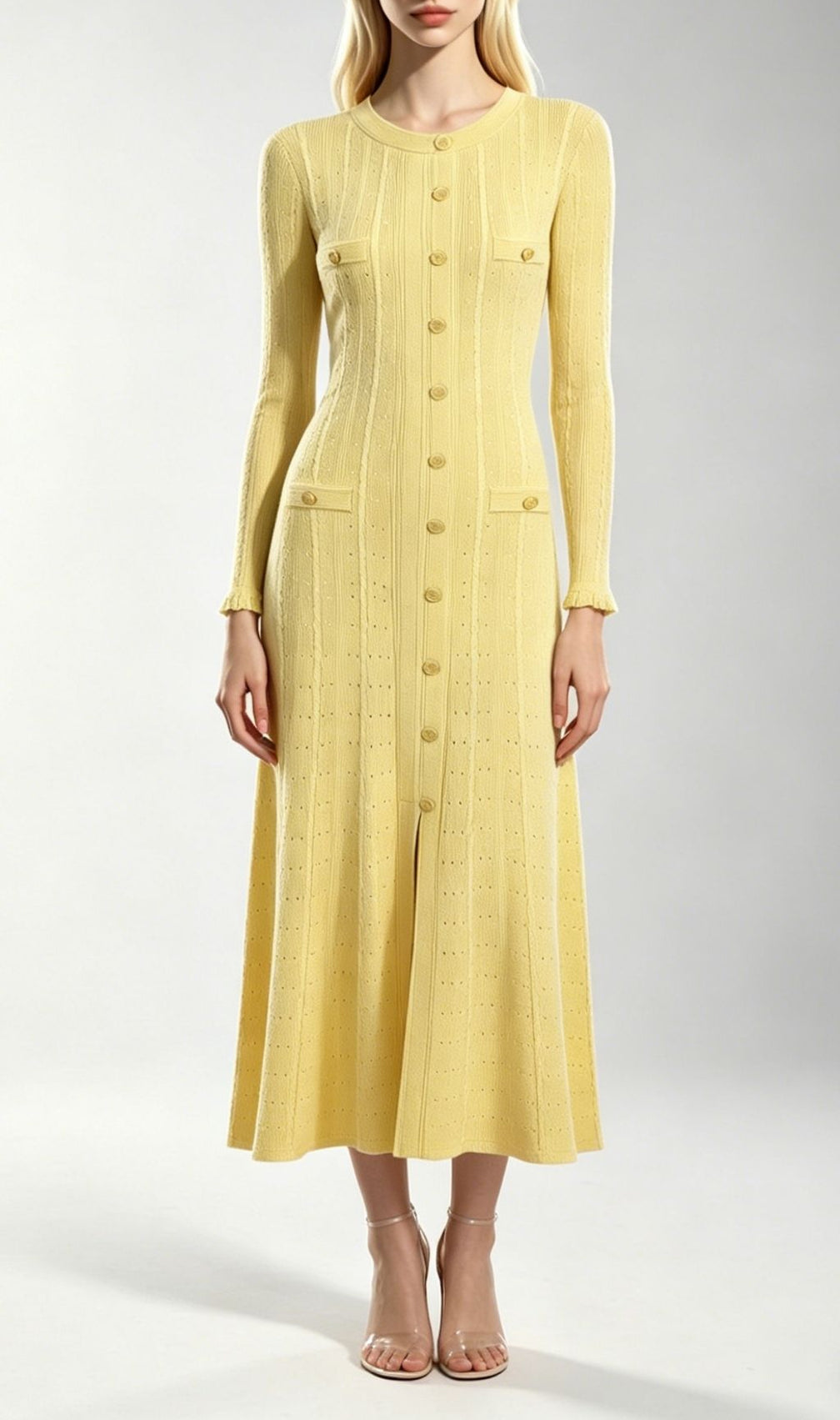 Kilenya Yellow Knit Long Sleeve Midi Dress