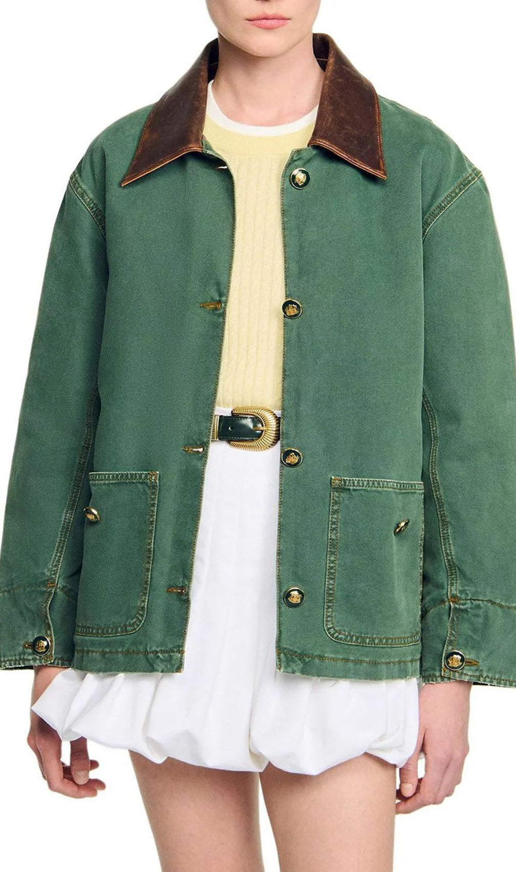 Women's Chic Green Workwear Jacket with Contrast Leather Collar