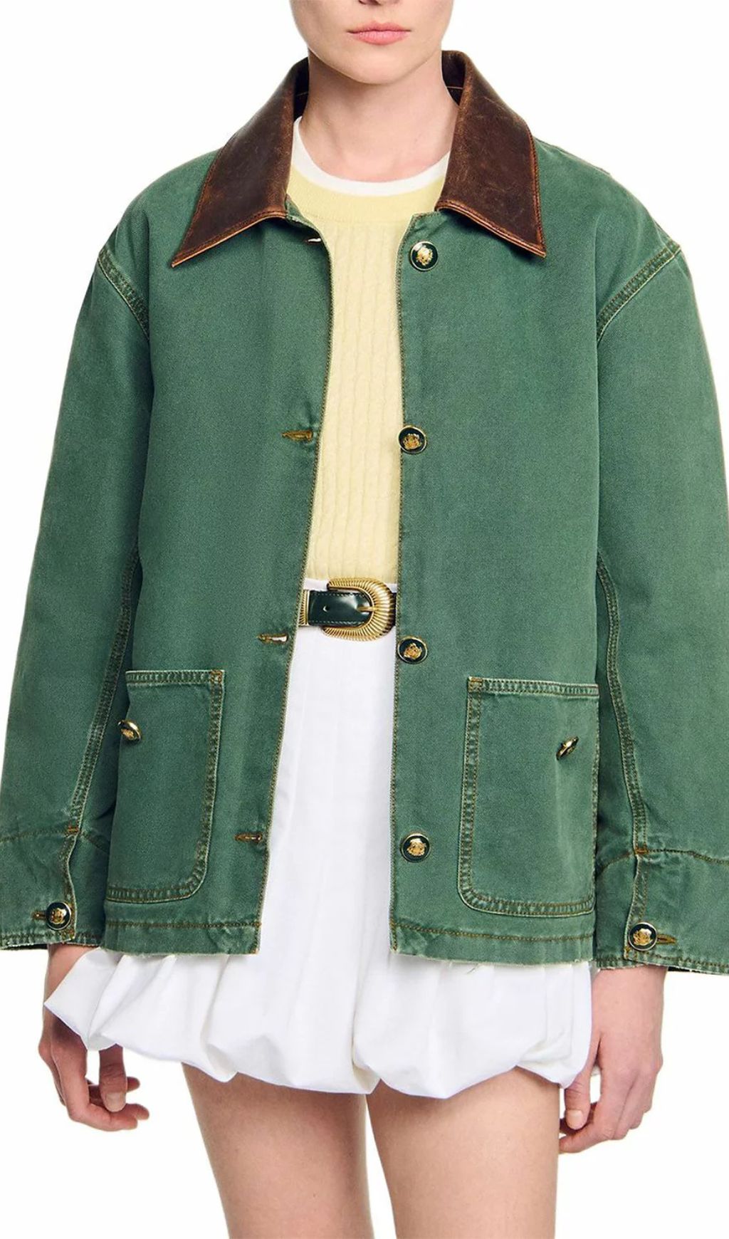 Women's Chic Green Workwear Jacket with Contrast Leather Collar