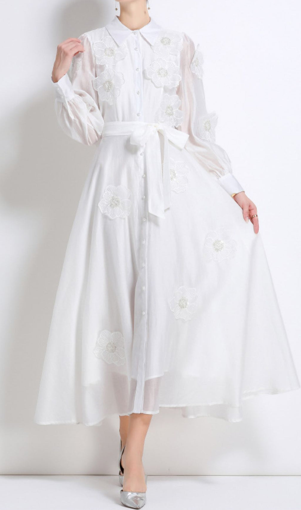 Holly White Flower Long Sleeve Midi Dress