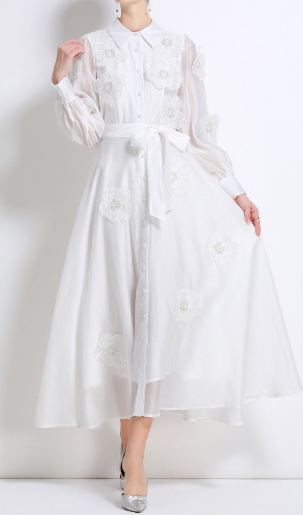 Holly White Flower Long Sleeve Midi Dress