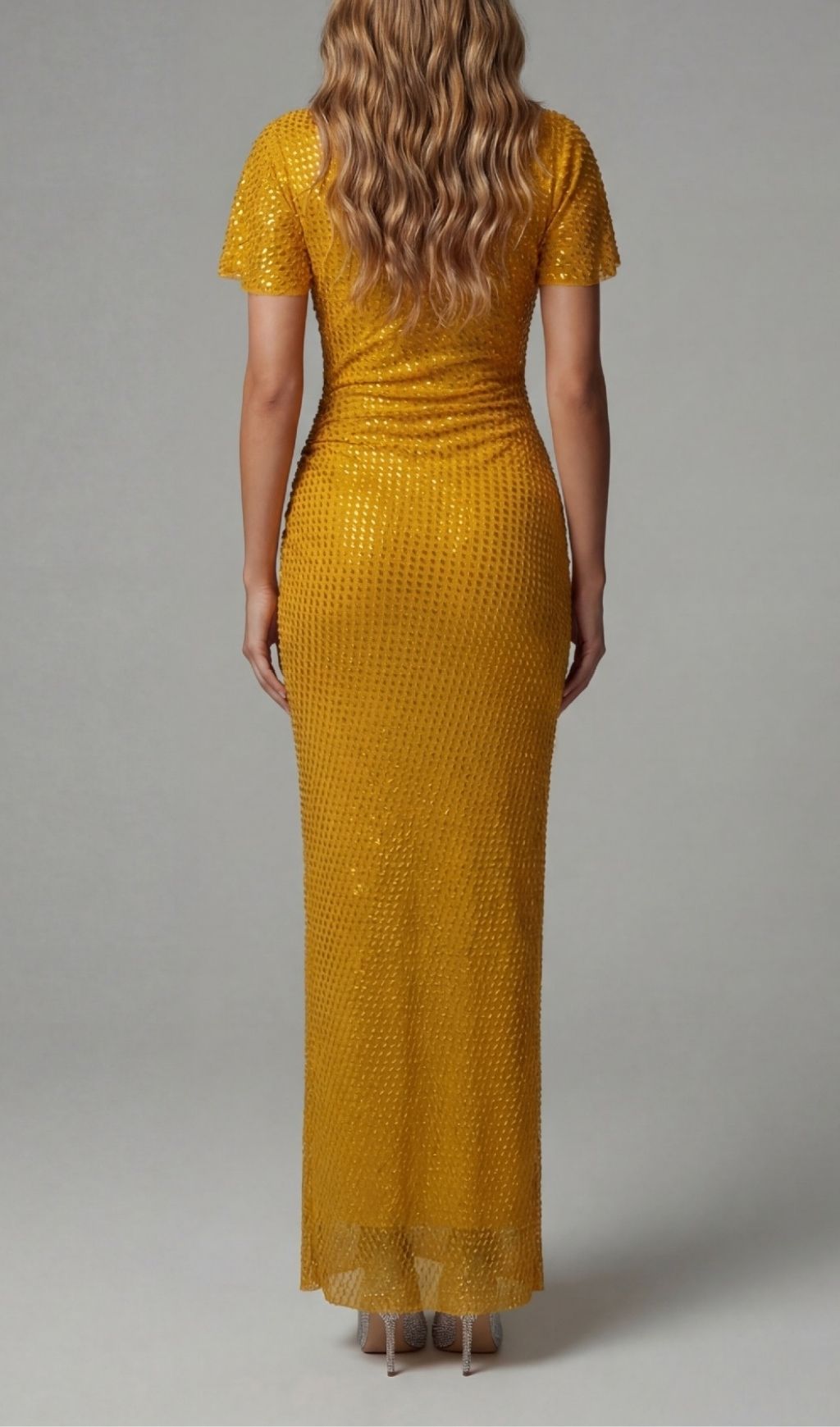 Kennedy Crystal Ruched Maxi Dress: Dazzling Wheat Gown for Unforgettable Evenings