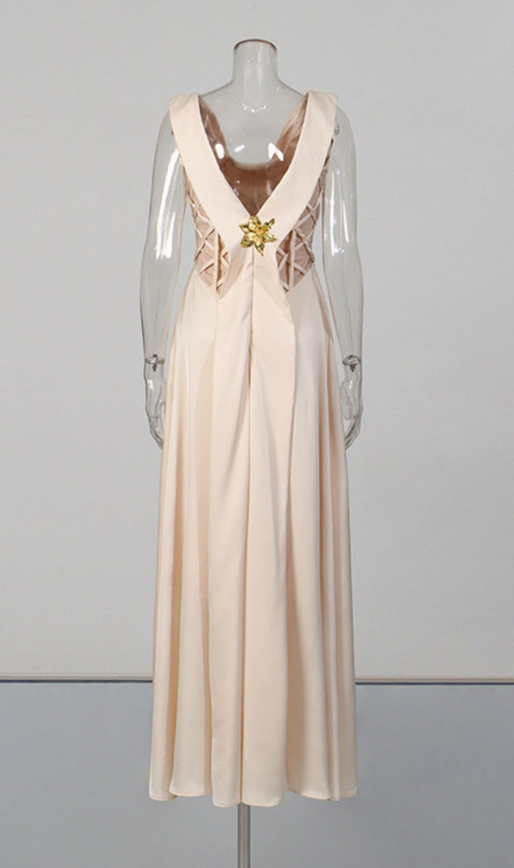 Keyra Champagne Satin Maxi Gown with Geometric Lattice Bodice & Cowl Neck