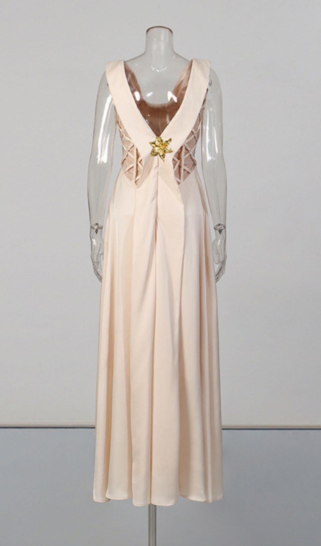 Keyra Champagne Satin Maxi Gown with Geometric Lattice Bodice & Cowl Neck
