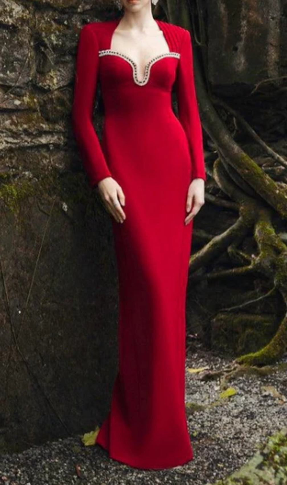Elle Red Diamond Long Sleeve Bandage Maxi Dress