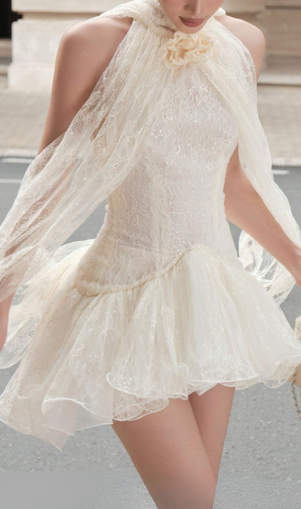 Kore Halter Lace Sequin Flower Mini Dress