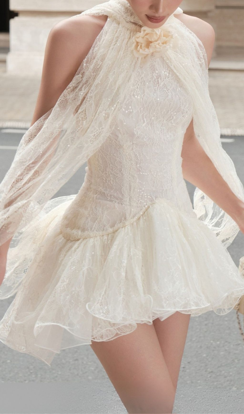 Kore Halter Lace Sequin Flower Mini Dress